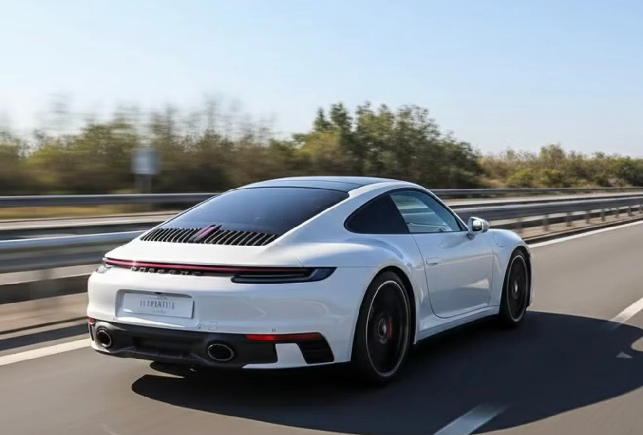 Arrière d’une Porsche 911 blanche en route pour un week-end en Provence