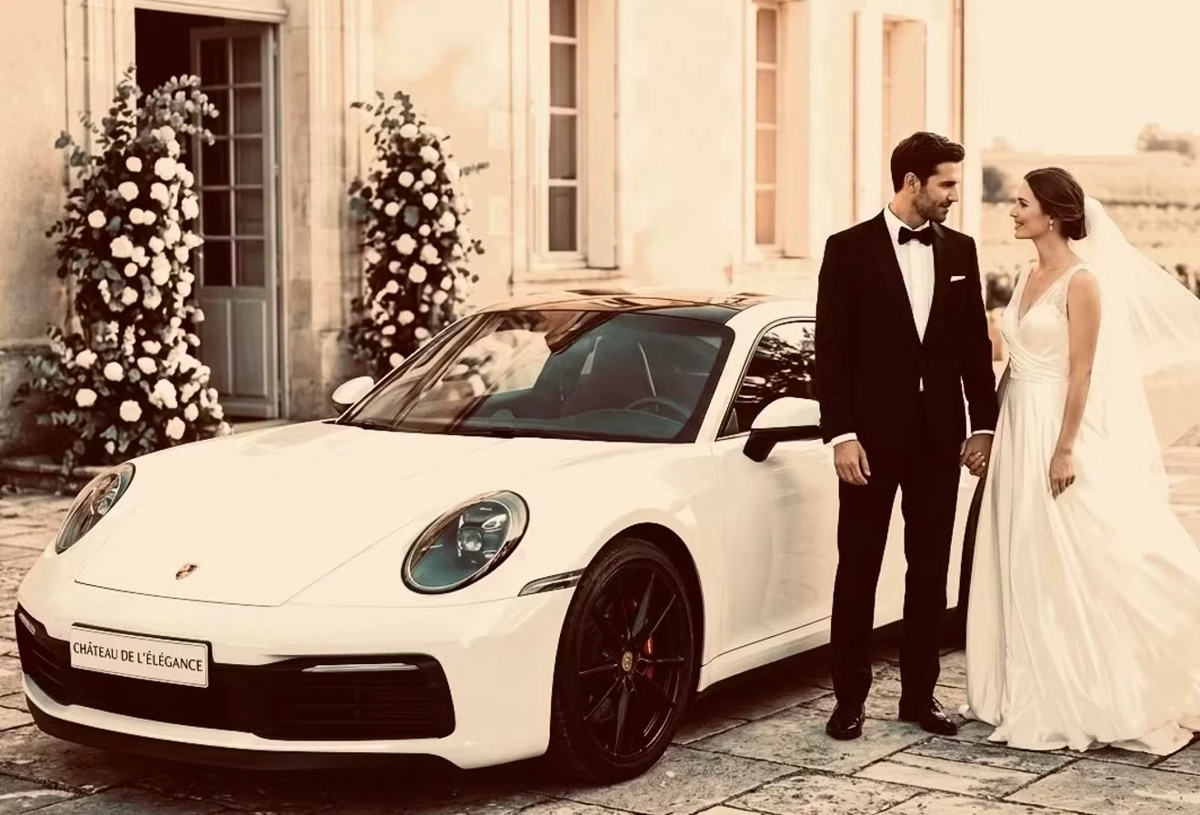 Porsche 911 blanche devant un château, mariés en tenue de cérémonie